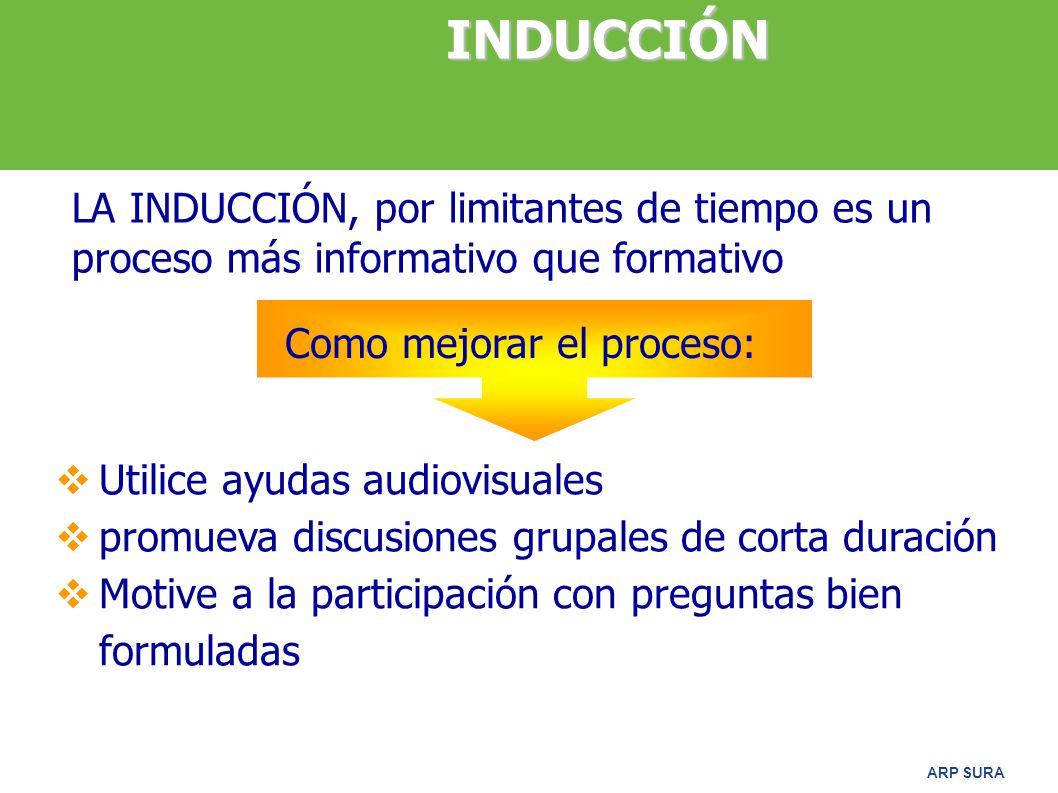 INDUCCIÓN LA INDUCCIÓN, por limitantes de tiempo es un proceso más informativo que formativo. Como mejorar el proceso:
