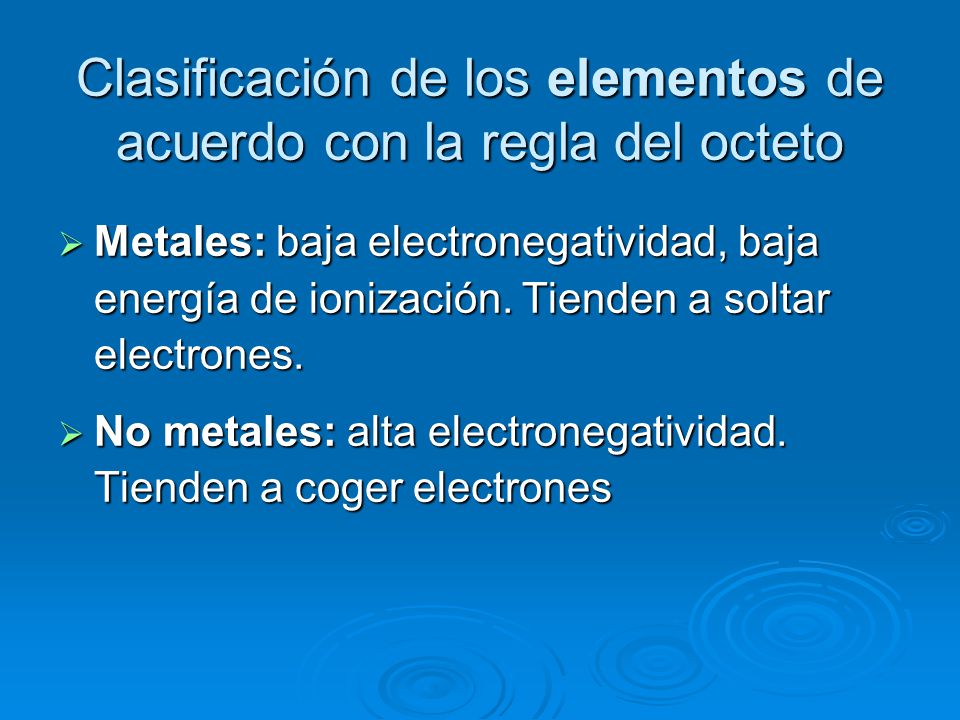 Clasificación de los elementos de acuerdo con la regla del octeto