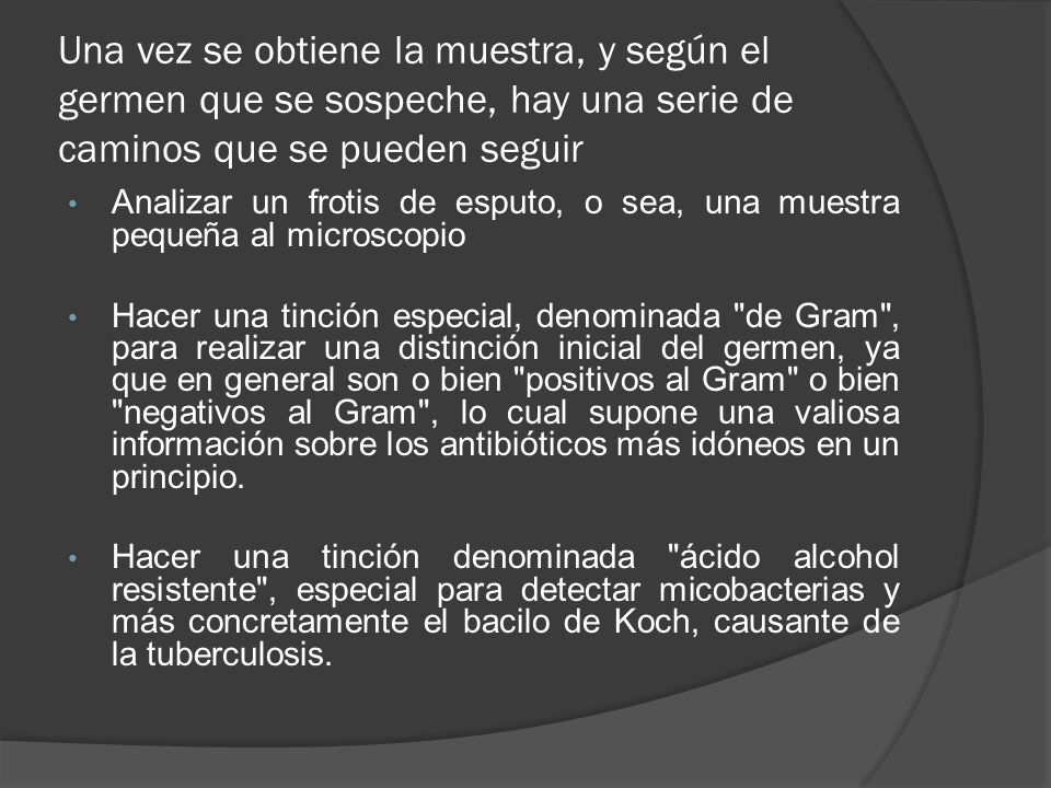 Una vez se obtiene la muestra, y según el germen que se sospeche, hay una serie de caminos que se pueden seguir