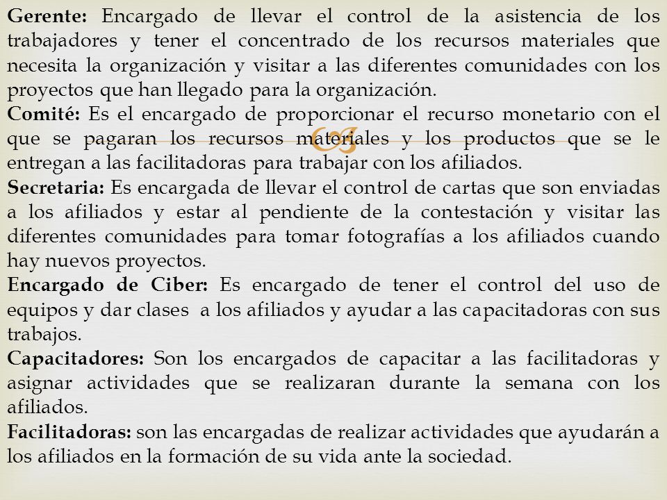 Gerente: Encargado de llevar el control de la asistencia de los trabajadores y tener el concentrado de los recursos materiales que necesita la organización y visitar a las diferentes comunidades con los proyectos que han llegado para la organización.