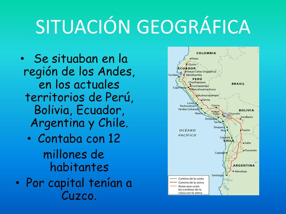 SITUACIÓN GEOGRÁFICA Se situaban en la región de los Andes, en los actuales territorios de Perú, Bolivia, Ecuador, Argentina y Chile.