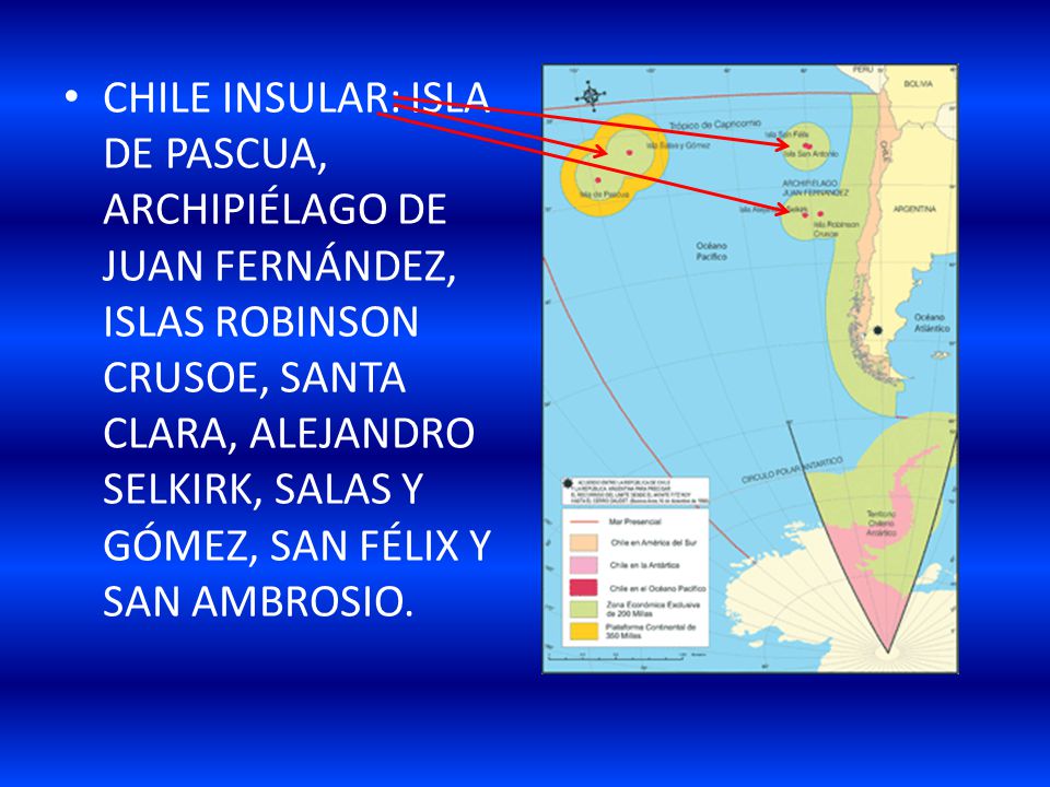 CHILE INSULAR: ISLA DE PASCUA, ARCHIPIÉLAGO DE JUAN FERNÁNDEZ, ISLAS ROBINSON CRUSOE, SANTA CLARA, ALEJANDRO SELKIRK, SALAS Y GÓMEZ, SAN FÉLIX Y SAN AMBROSIO.