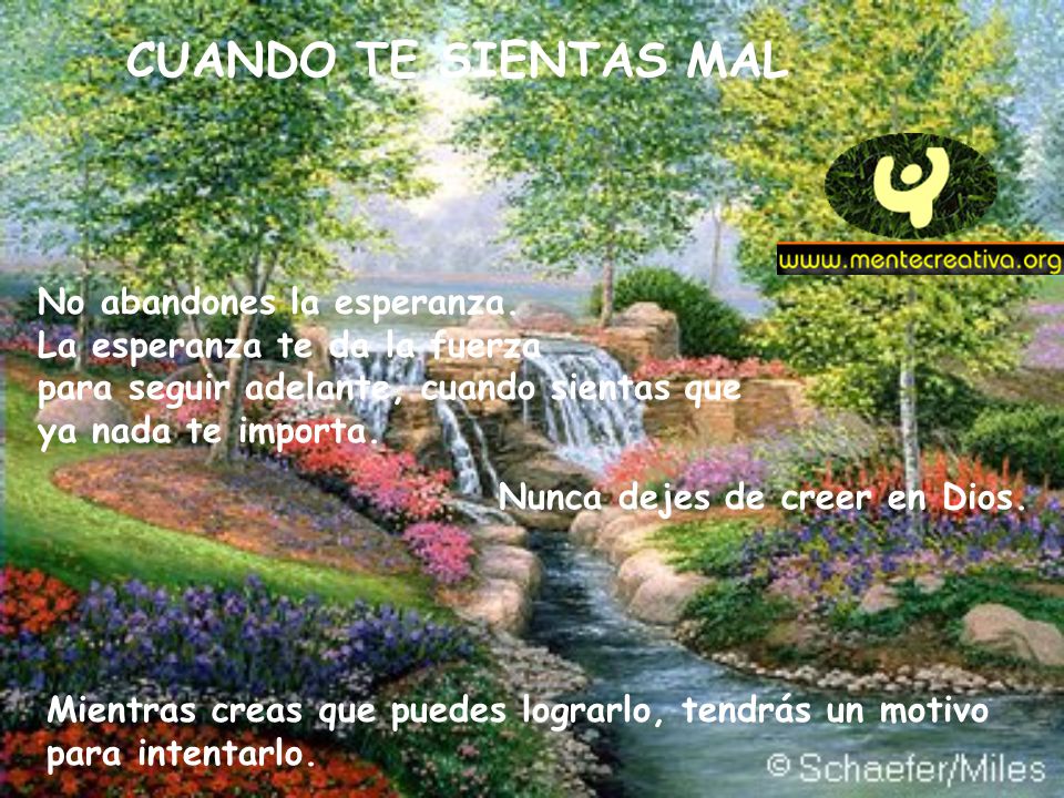 CUANDO TE SIENTAS MAL No abandones la esperanza. La esperanza te da la fuerza para seguir adelante, cuando sientas que ya nada te importa.