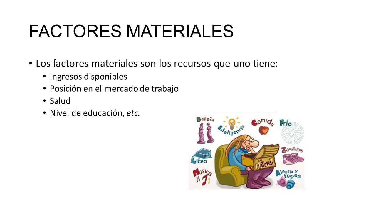 FACTORES MATERIALES Los factores materiales son los recursos que uno tiene: Ingresos disponibles. Posición en el mercado de trabajo.
