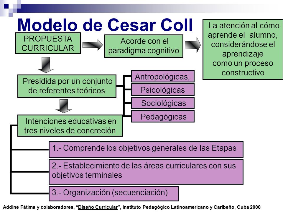 Modelo de Cesar Coll La atención al cómo aprende el alumno, considerándose el aprendizaje. como un proceso constructivo.