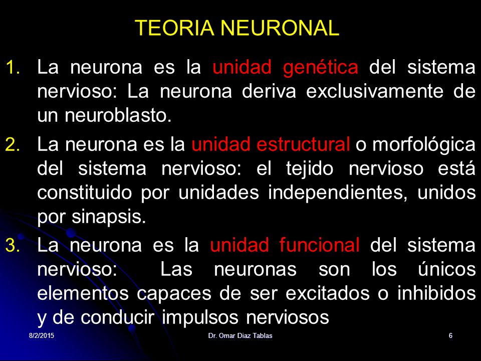 TEORIA NEURONAL La neurona es la unidad genética del sistema nervioso: La neurona deriva exclusivamente de un neuroblasto.
