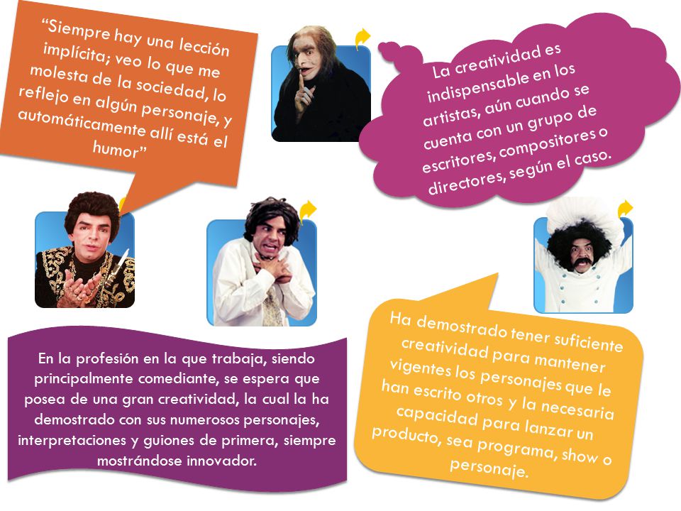 Siempre hay una lección implícita; veo lo que me molesta de la sociedad, lo reflejo en algún personaje, y automáticamente allí está el humor