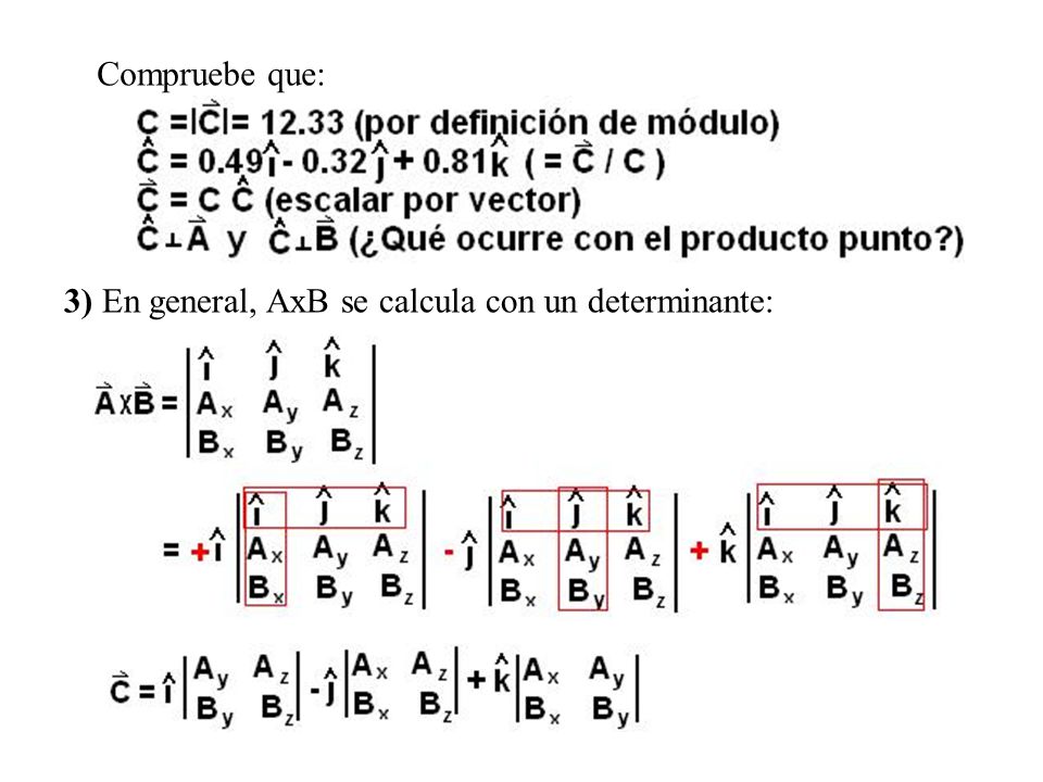 Compruebe que: 3) En general, AxB se calcula con un determinante:
