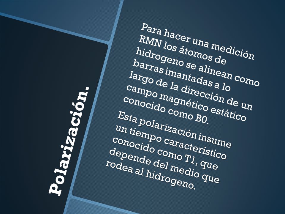 Para hacer una medición RMN los átomos de hidrogeno se alinean como barras imantadas a lo largo de la dirección de un campo magnético estático conocido como B0. Esta polarización insume un tiempo característico conocido como T1, que depende del medio que rodea al hidrogeno.
