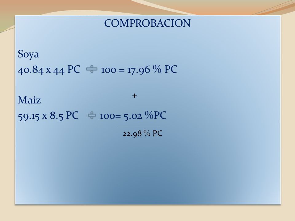 COMPROBACION Soya x 44 PC 100 = % PC Maíz x 8
