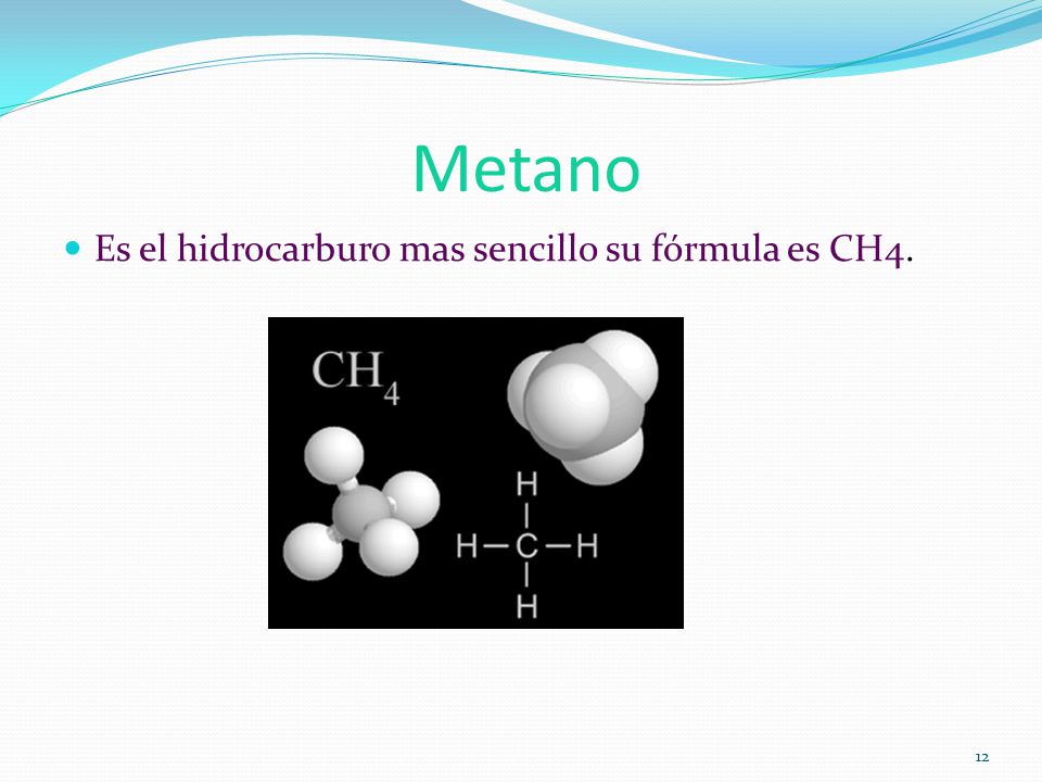 Metano Es el hidrocarburo mas sencillo su fórmula es CH4.