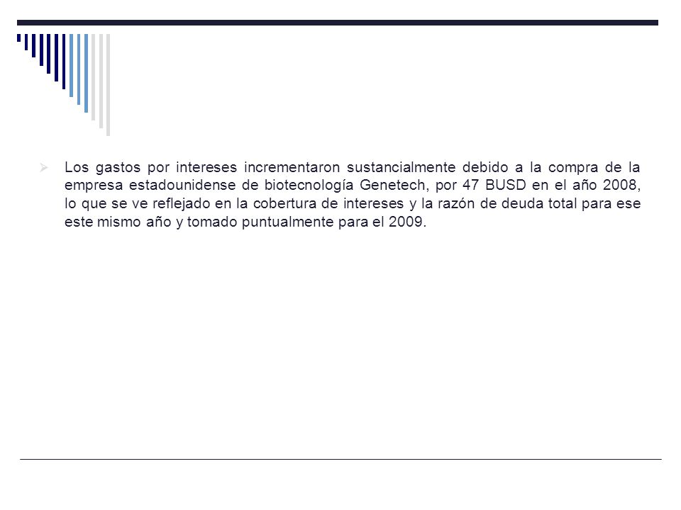 Los gastos por intereses incrementaron sustancialmente debido a la compra de la empresa estadounidense de biotecnología Genetech, por 47 BUSD en el año 2008, lo que se ve reflejado en la cobertura de intereses y la razón de deuda total para ese este mismo año y tomado puntualmente para el 2009.
