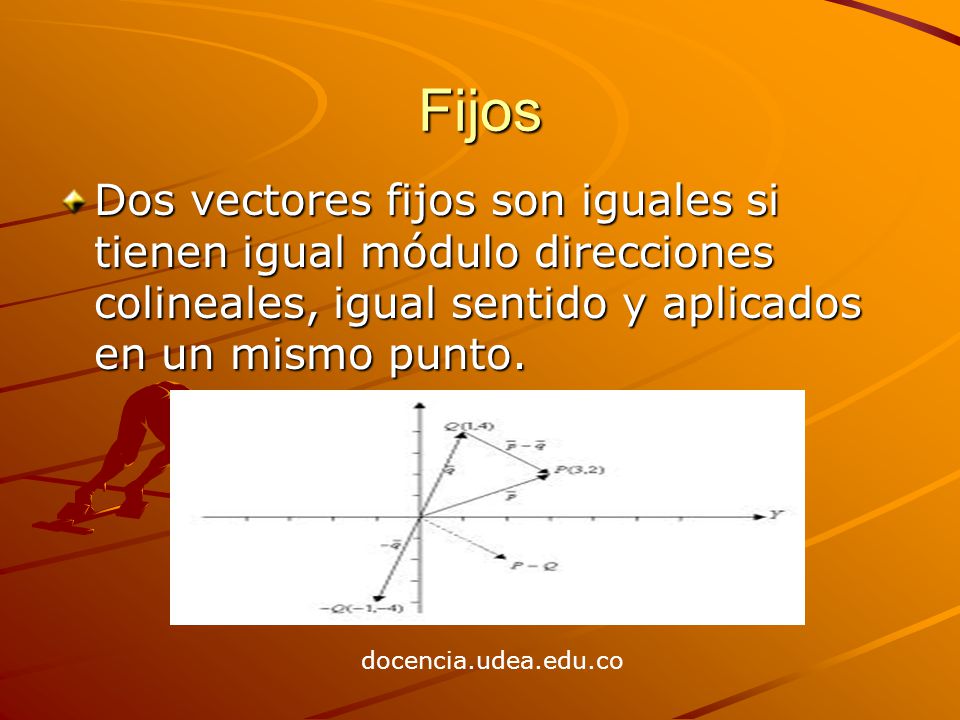 Fijos Dos vectores fijos son iguales si tienen igual módulo direcciones colineales, igual sentido y aplicados en un mismo punto.