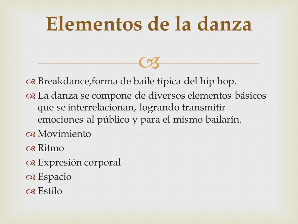 Elementos de la danza Breakdance,forma de baile típica del hip hop.