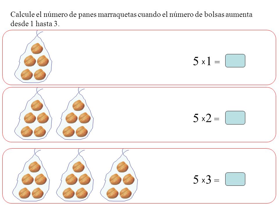 Calcule el número de panes marraquetas cuando el número de bolsas aumenta desde 1 hasta 3.