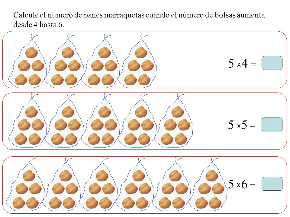 Calcule el número de panes marraquetas cuando el número de bolsas aumenta desde 4 hasta 6.