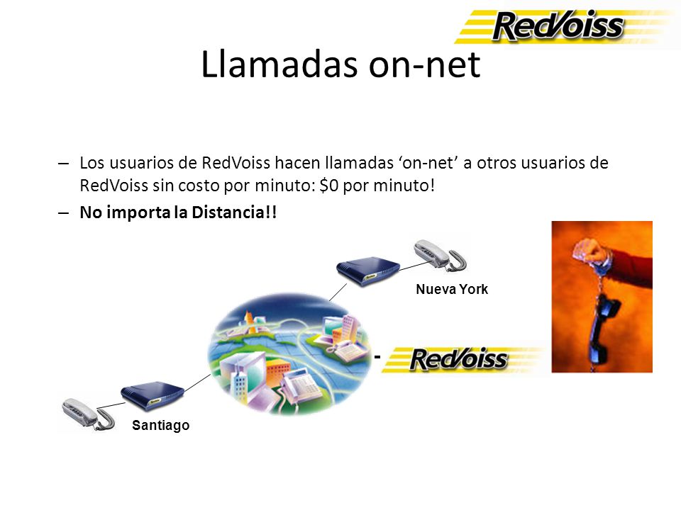 Llamadas on-net Los usuarios de RedVoiss hacen llamadas ‘on-net’ a otros usuarios de RedVoiss sin costo por minuto: $0 por minuto!