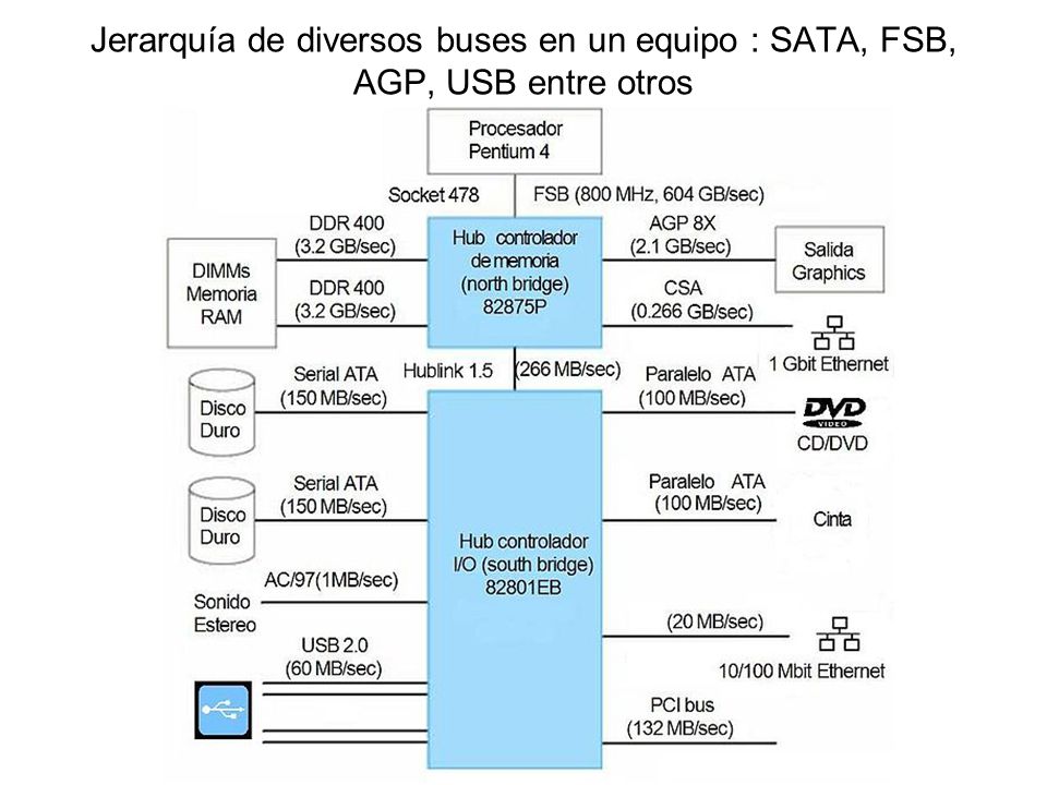 Jerarquía de diversos buses en un equipo : SATA, FSB, AGP, USB entre otros