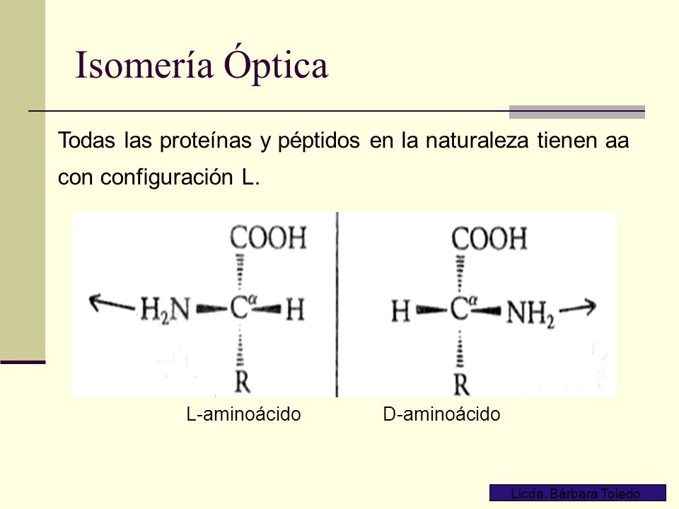 Isomería Óptica Todas las proteínas y péptidos en la naturaleza tienen aa. con configuración L. L-aminoácido D-aminoácido.
