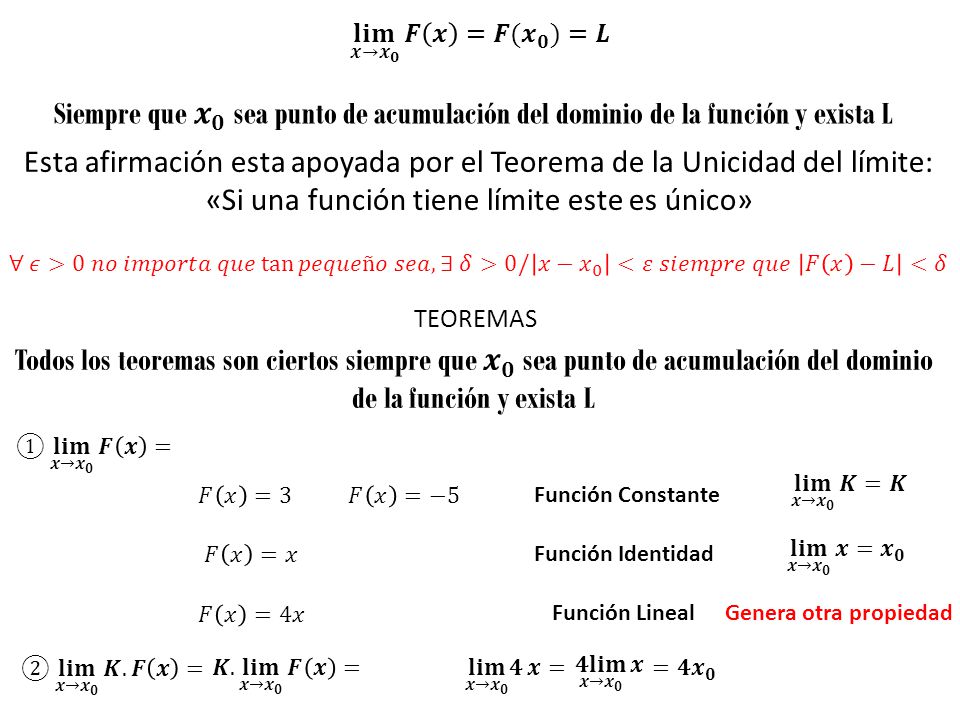 𝐥𝐢𝐦 𝒙→ 𝒙 𝟎 𝑭 𝒙 =𝑭( 𝒙 𝟎 ) =𝑳 Siempre que 𝒙 𝟎 sea punto de acumulación del dominio de la función y exista L.