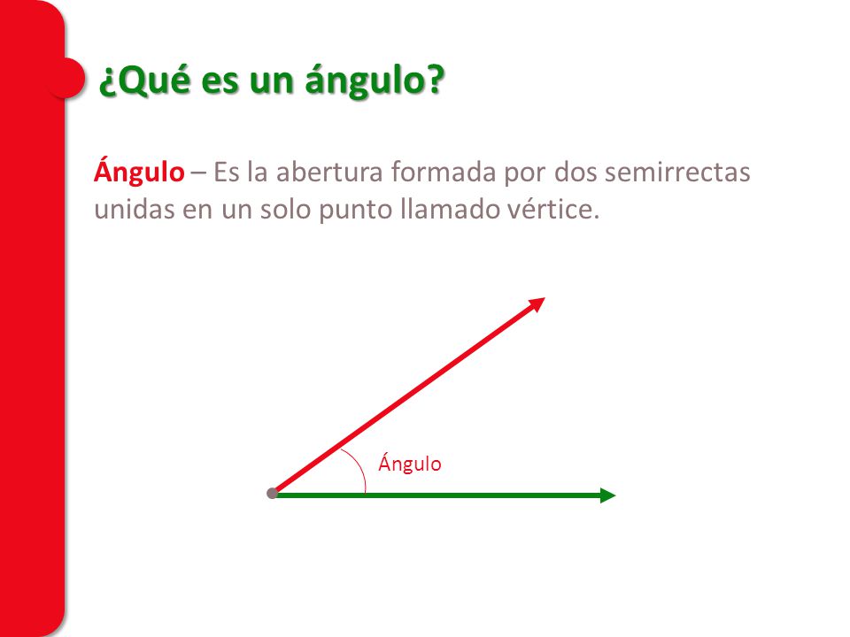 ¿Qué es un ángulo Ángulo – Es la abertura formada por dos semirrectas unidas en un solo punto llamado vértice.