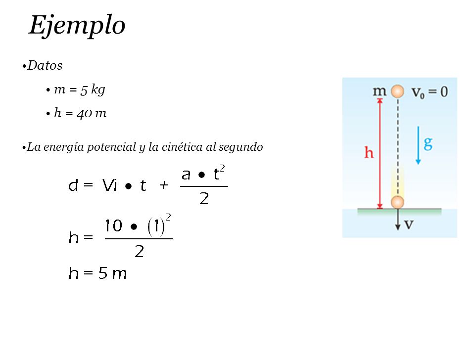 Ejemplo Datos m = 5 kg h = 40 m La energía potencial y la cinética al segundo