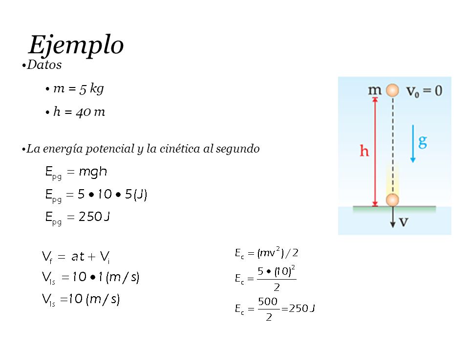 Ejemplo Datos m = 5 kg h = 40 m La energía potencial y la cinética al segundo