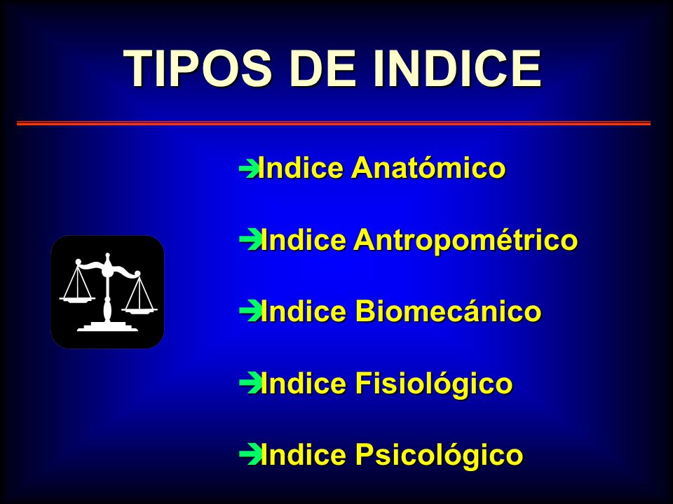 TIPOS DE INDICE Indice Antropométrico Indice Biomecánico