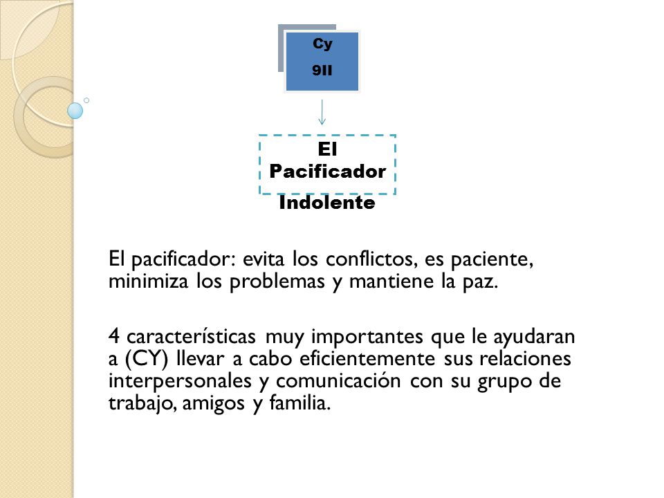 Cy 9II. El Pacificador. Indolente. El pacificador: evita los conflictos, es paciente, minimiza los problemas y mantiene la paz.