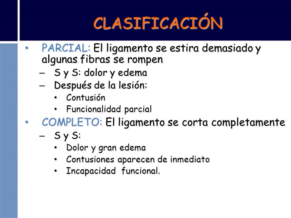 CLASIFICACIÓN PARCIAL: El ligamento se estira demasiado y algunas fibras se rompen. S y S: dolor y edema.