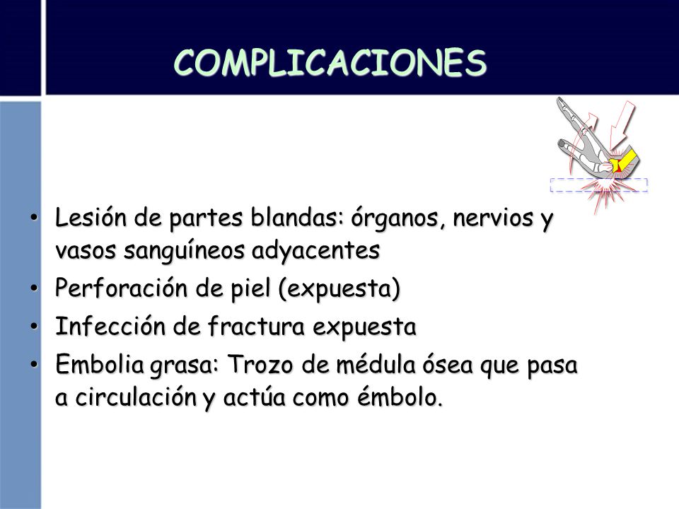 COMPLICACIONES Lesión de partes blandas: órganos, nervios y vasos sanguíneos adyacentes. Perforación de piel (expuesta)