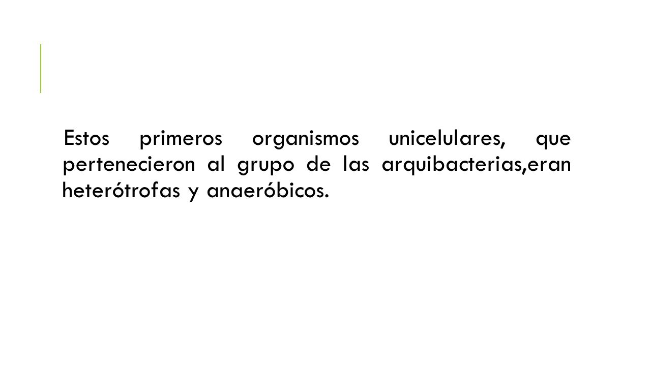 Estos primeros organismos unicelulares, que pertenecieron al grupo de las arquibacterias,eran heterótrofas y anaeróbicos.