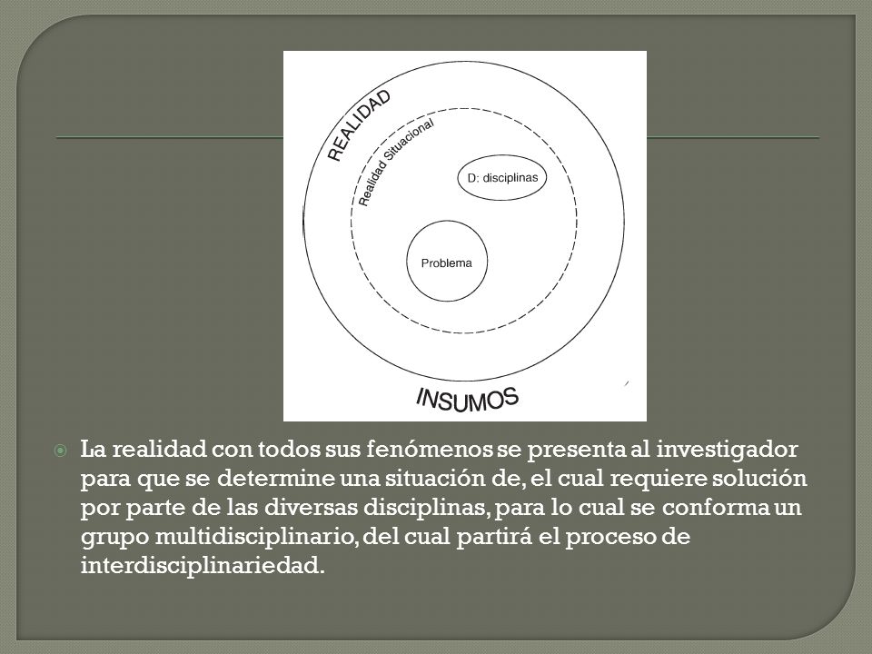 La realidad con todos sus fenómenos se presenta al investigador para que se determine una situación de, el cual requiere solución por parte de las diversas disciplinas, para lo cual se conforma un grupo multidisciplinario, del cual partirá el proceso de interdisciplinariedad.