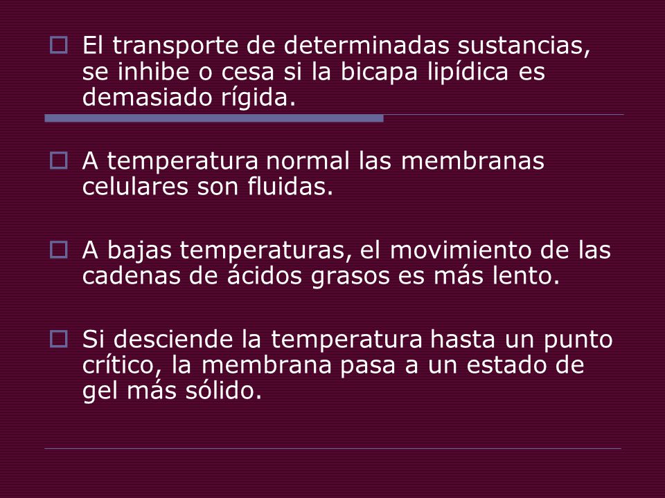 El transporte de determinadas sustancias, se inhibe o cesa si la bicapa lipídica es demasiado rígida.