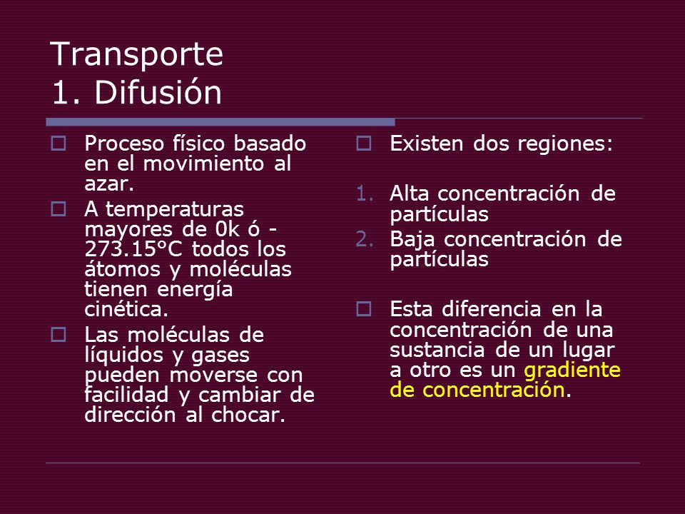 Transporte 1. Difusión Proceso físico basado en el movimiento al azar.