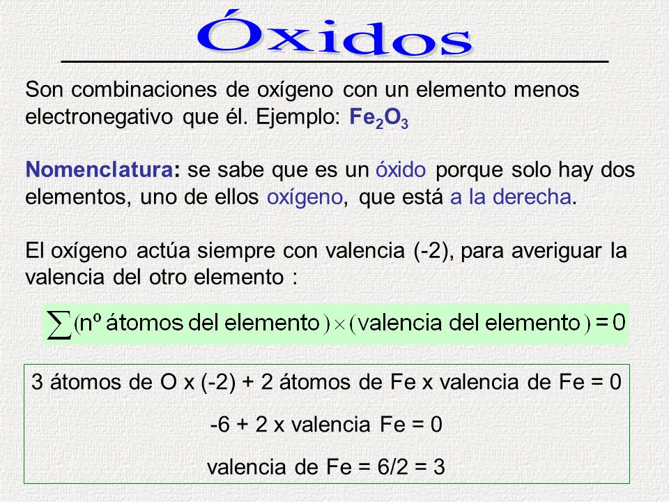 3 átomos de O x (-2) + 2 átomos de Fe x valencia de Fe = 0