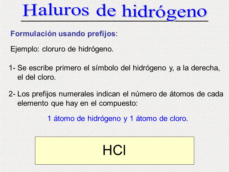 1 átomo de hidrógeno y 1 átomo de cloro.