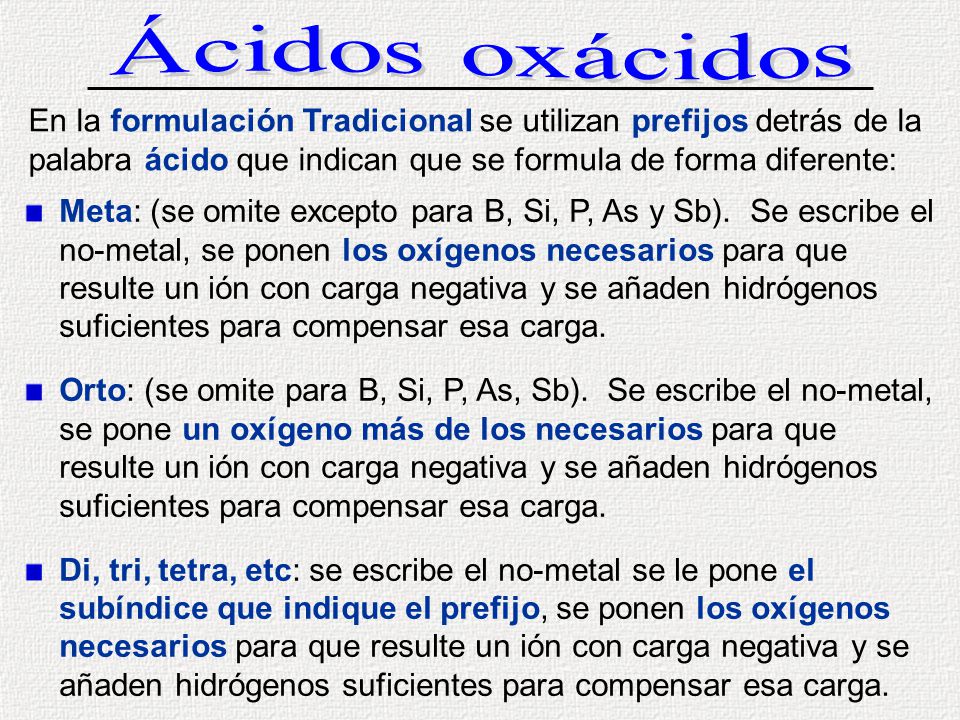 Ácidos oxácidos En la formulación Tradicional se utilizan prefijos detrás de la palabra ácido que indican que se formula de forma diferente: