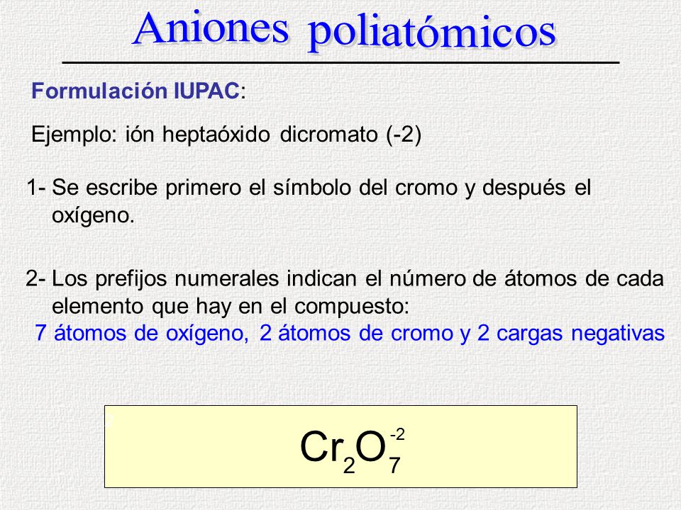 7 átomos de oxígeno, 2 átomos de cromo y 2 cargas negativas