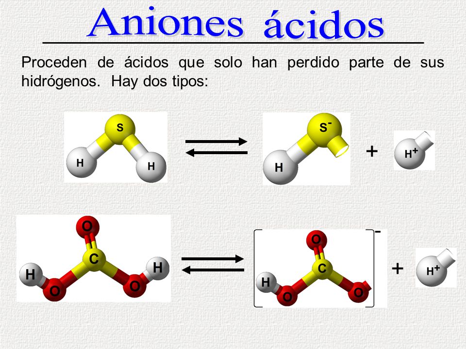 Aniones ácidos Proceden de ácidos que solo han perdido parte de sus hidrógenos. Hay dos tipos: + +