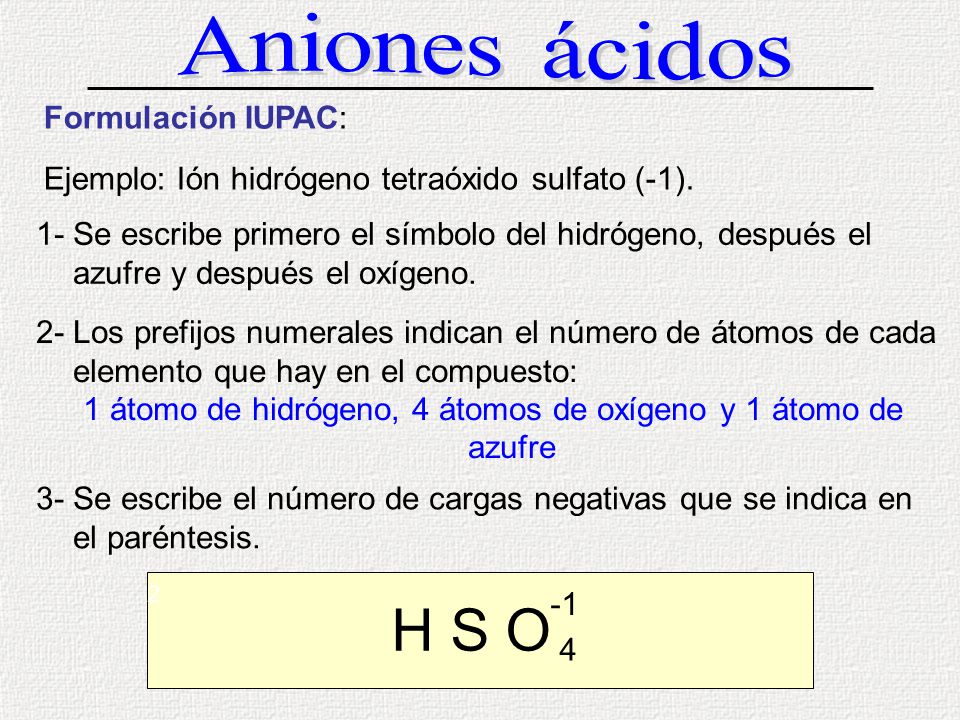 1 átomo de hidrógeno, 4 átomos de oxígeno y 1 átomo de azufre