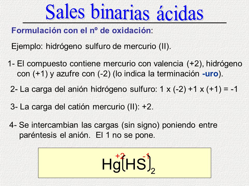 Hg HS Sales binarias ácidas Formulación con el nº de oxidación: