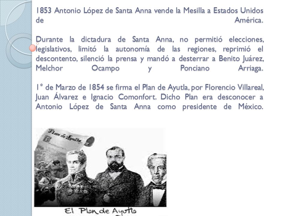 1853 Antonio López de Santa Anna vende la Mesilla a Estados Unidos de América.