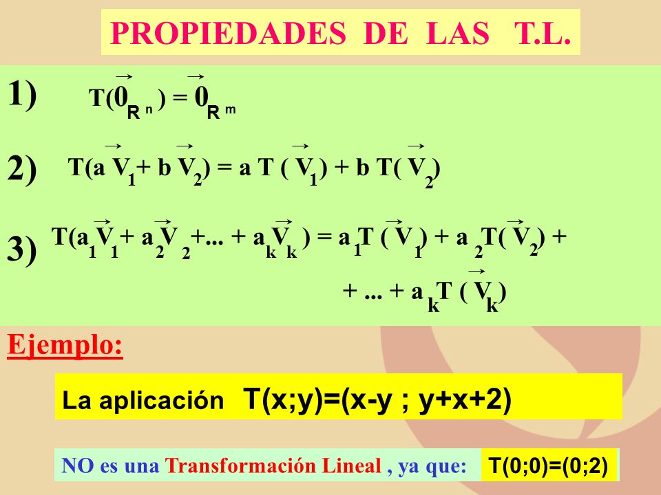 1) 2) 3) PROPIEDADES DE LAS T.L. Ejemplo: T(0 ) = 0