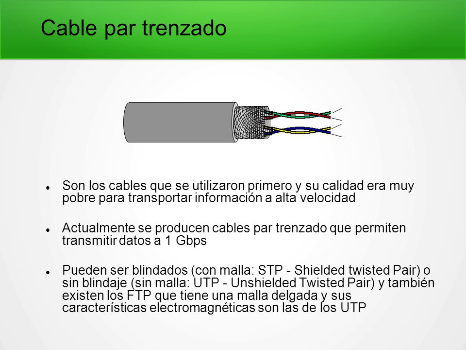 Cable par trenzado Son los cables que se utilizaron primero y su calidad era muy pobre para transportar información a alta velocidad.