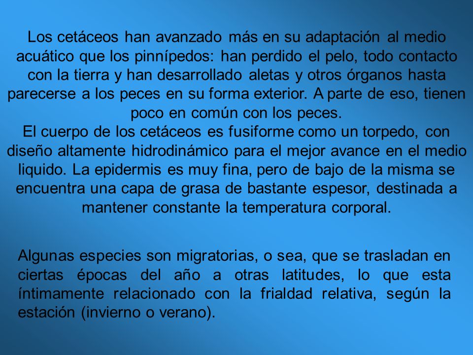 Los cetáceos han avanzado más en su adaptación al medio acuático que los pinnípedos: han perdido el pelo, todo contacto con la tierra y han desarrollado aletas y otros órganos hasta parecerse a los peces en su forma exterior. A parte de eso, tienen poco en común con los peces.