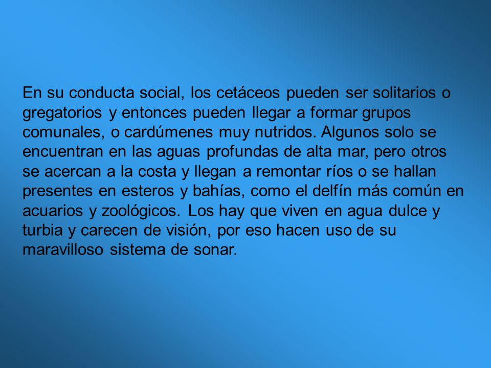 En su conducta social, los cetáceos pueden ser solitarios o gregatorios y entonces pueden llegar a formar grupos comunales, o cardúmenes muy nutridos.