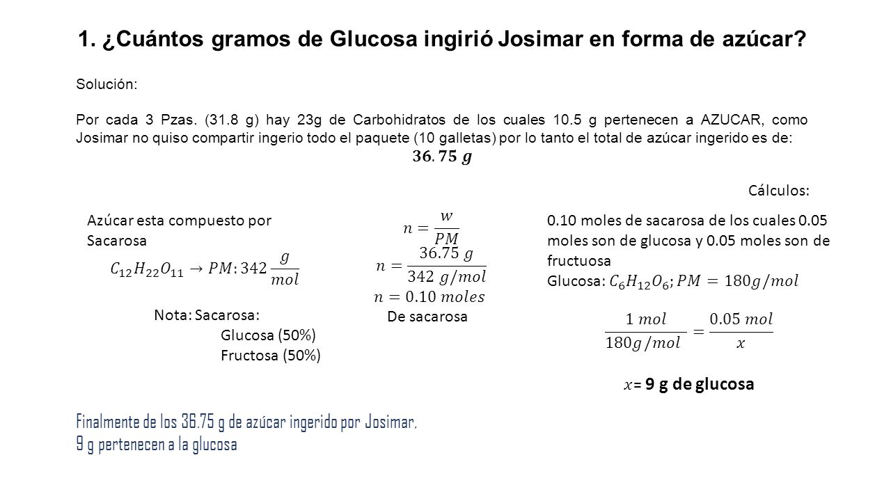 1. ¿Cuántos gramos de Glucosa ingirió Josimar en forma de azúcar