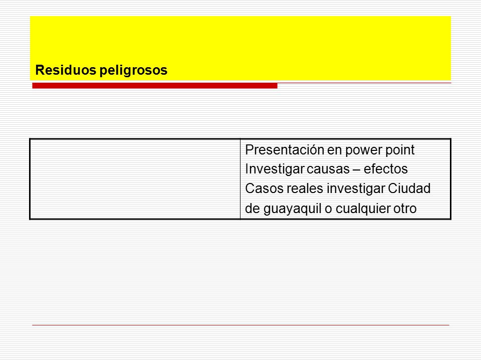 Residuos peligrosos Presentación en power point. Investigar causas – efectos.