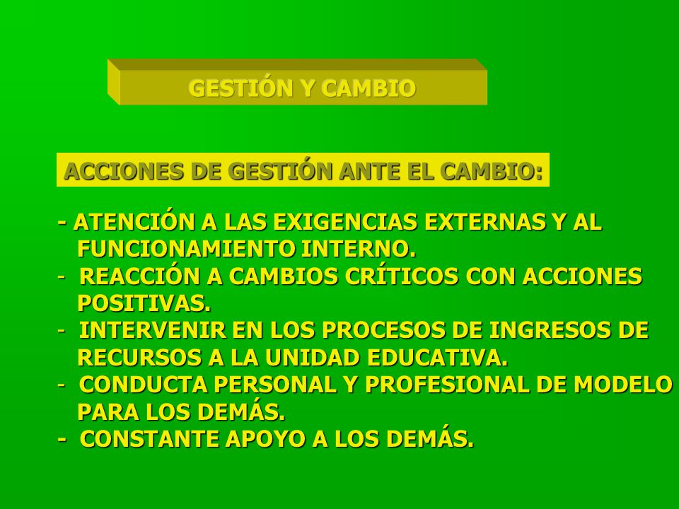 GESTIÓN Y CAMBIO ACCIONES DE GESTIÓN ANTE EL CAMBIO: - ATENCIÓN A LAS EXIGENCIAS EXTERNAS Y AL. FUNCIONAMIENTO INTERNO.